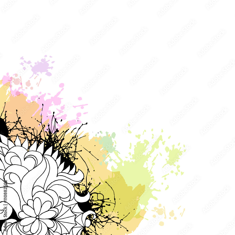 Corner decorative element with watercolor and ink splashes, black and white graphic motif. Vector abstract background.