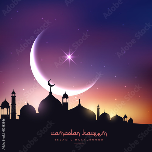 mosque silhouette in night sky with crescent moon and star