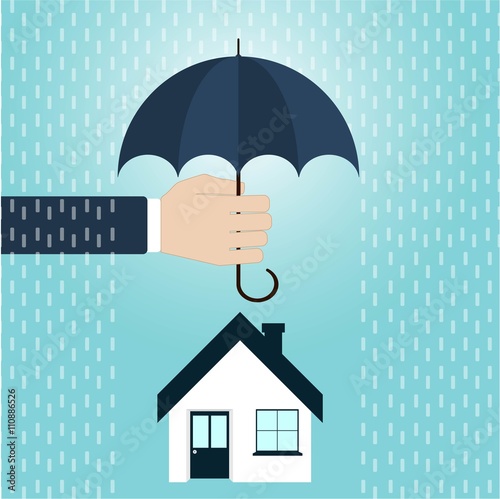 House inshuronce, agent's hand holding umbrella over house. Vector illustration