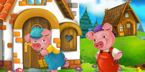 Fototapeta Cartoon scene of two happy pigs dancing in front of their houses - illustration for the children