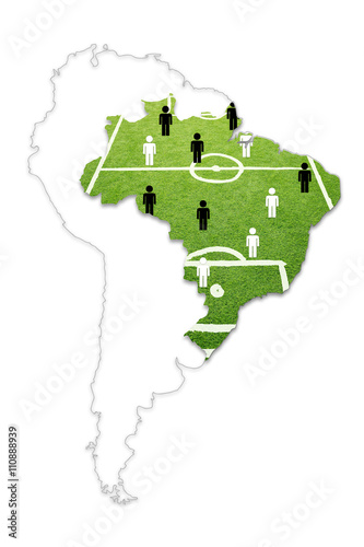 Brazil map conceptual soccer playground background with soccer field background isolated on white. Illustration background.