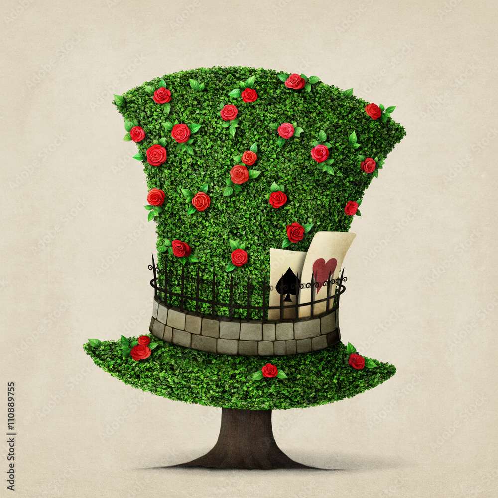 Fantasy green hat in the shape of  tree with flowers - obrazy, fototapety, plakaty 