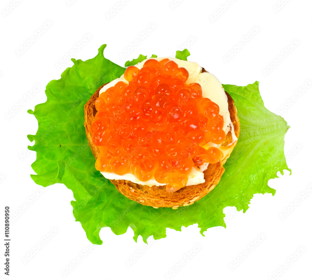 Sandwich with Salmon Caviar, Butter, Salad on Baguette Sandwich with Salmon Caviar, Butter, Salad on Baguette