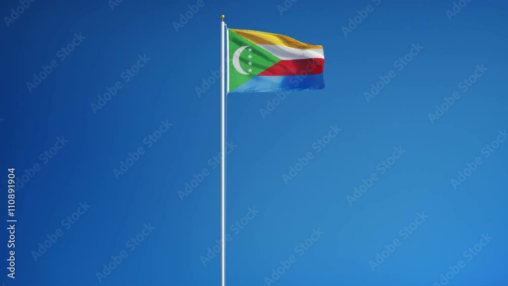 Comoros flag waving in slow motion against clean blue sky, seamlessly