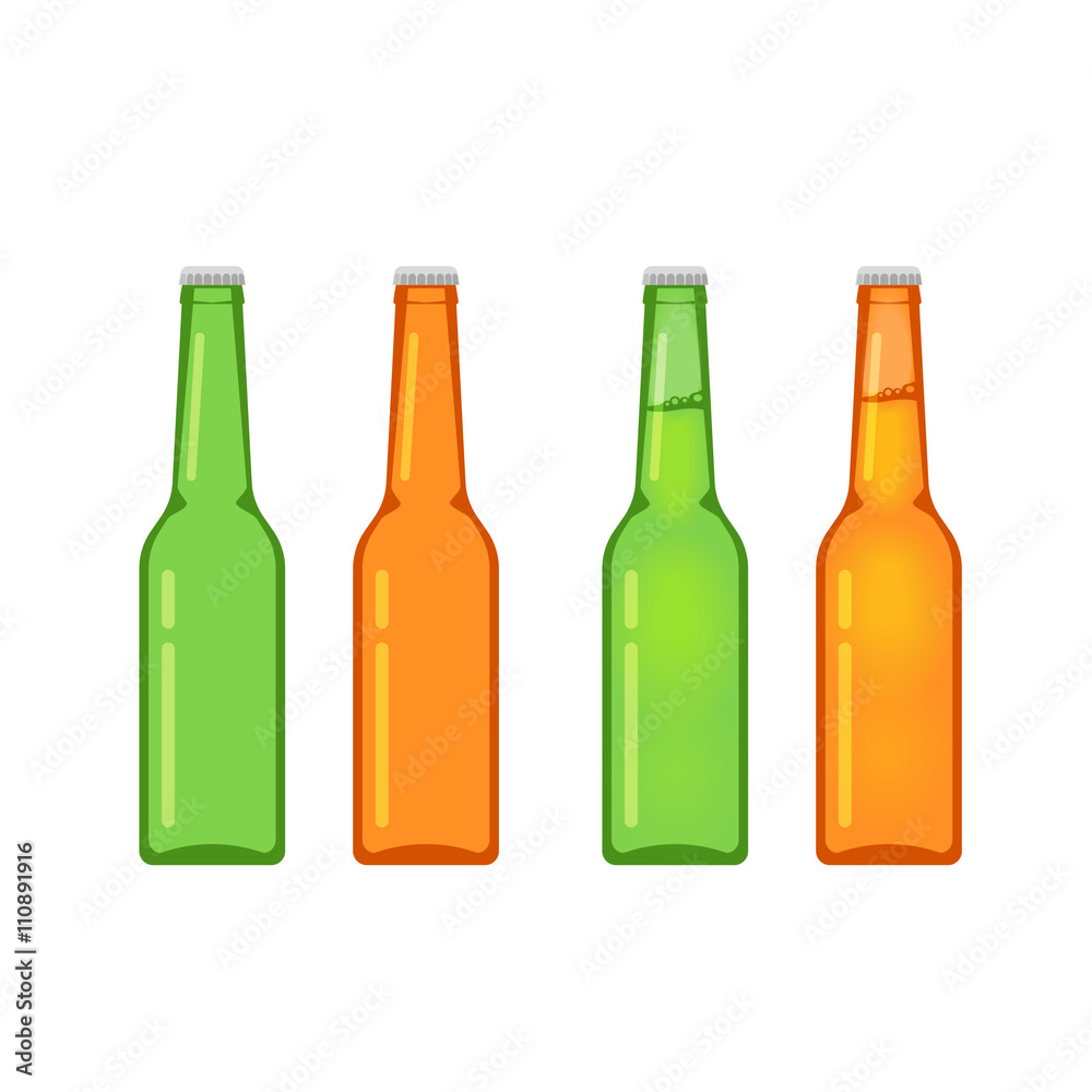 Beer bottles vector collection isolated on white background, empty and full beer bottle flat cartoon design Beer bottles vector collection isolated on white background, empty and full beer bottle flat cartoon design
