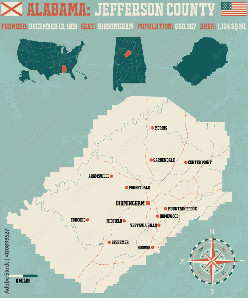Obraz premium Large and detailed map and infos about Jefferson County in Alabama