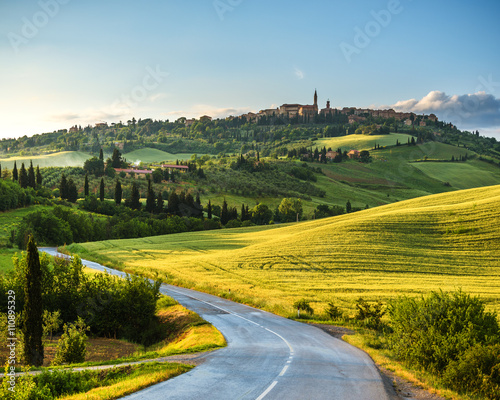 View of the town from way to Pienza at sunset