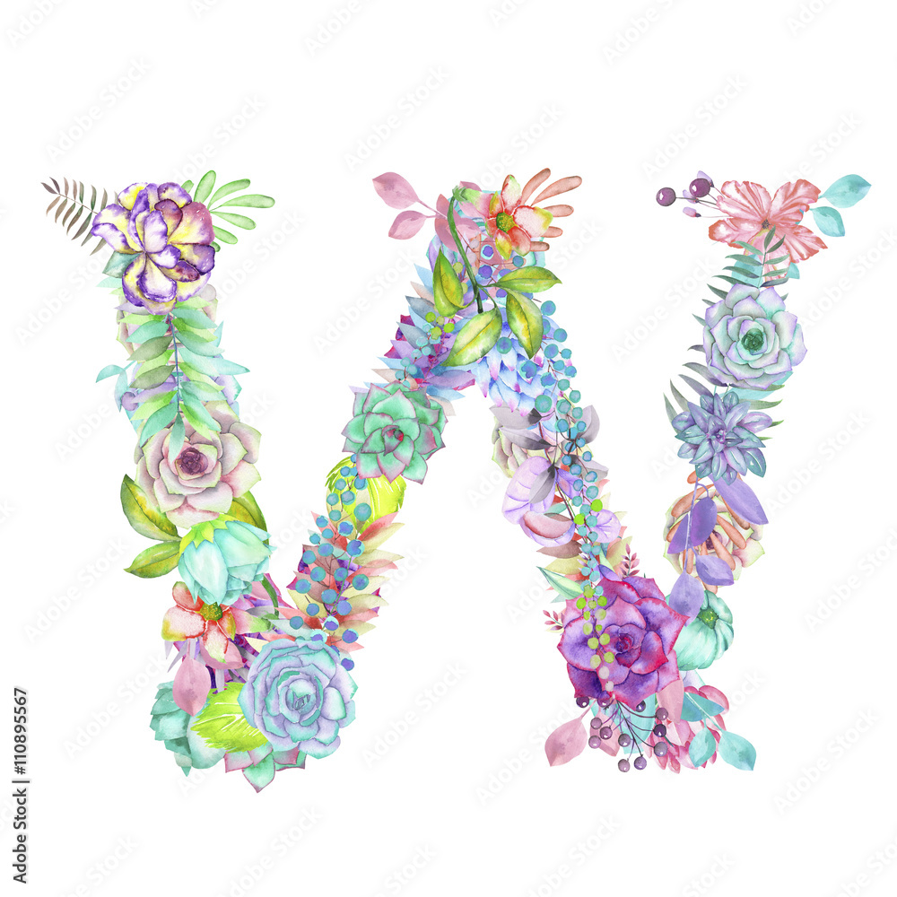 Capital letter W of watercolor flowers, isolated hand drawn on a white background, wedding design, english alphabet for the festive and wedding decor and cards
