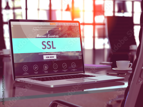 SSL - Socket Layer Security - Concept - Closeup on Laptop Screen in Modern Office Workplace. Toned Image with Selective Focus. 3D Render. photo