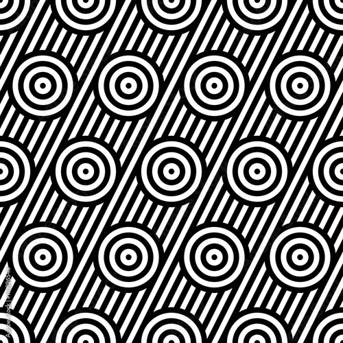 Vector seamless texture. Modern abstract background. Monochrome geometrical pattern. Concentric circles on the background of oblique strips.