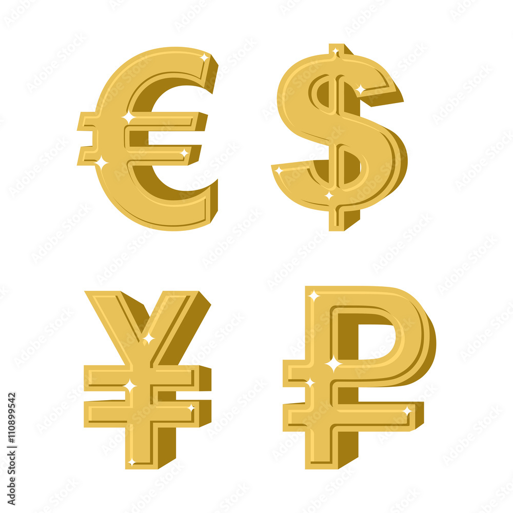 Set of golden symbols money. Russian ruble. Euro European cash. Set of golden symbols money. Russian ruble. Euro European cash.