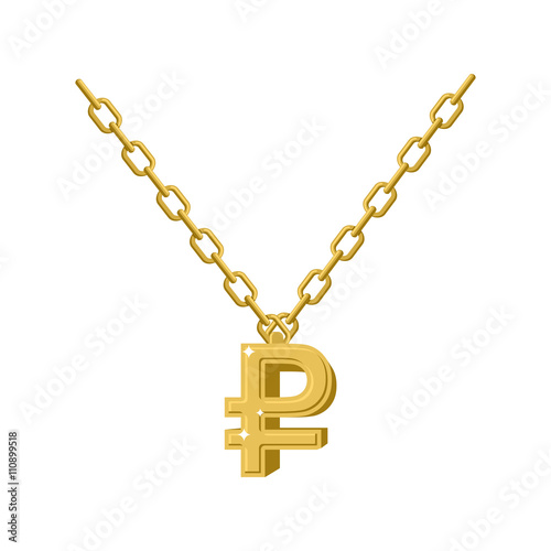 Gold ruble necklace decoration on chain. Expensive jewelry symbo