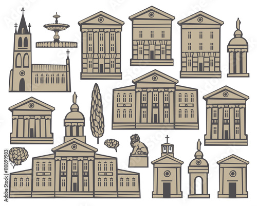 set of drawings of houses and churches in European cities