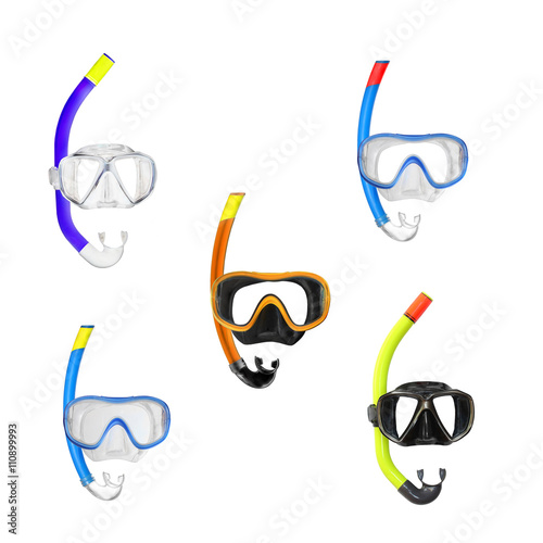 Collection of different Dive Masks with snorkel isolated on a white background. Design elements for beach holidays themes. Sport and leisure.