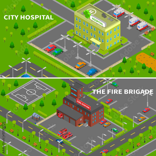 Hospital And Fire Station Isometric Banners 