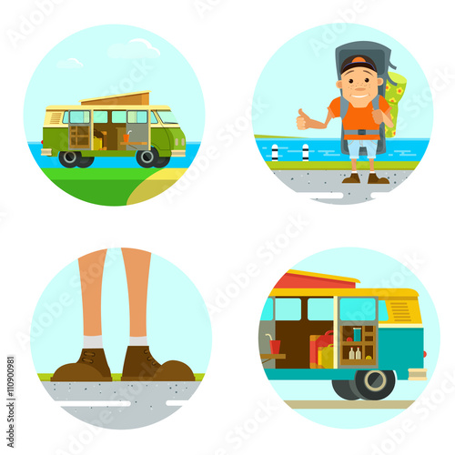 Travel icon set. Vector flat cartoon illustration