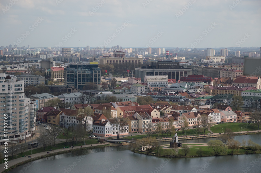 Minsk city landscape. On the foreground you can see part of old town called Troitskoye Predmestye.
