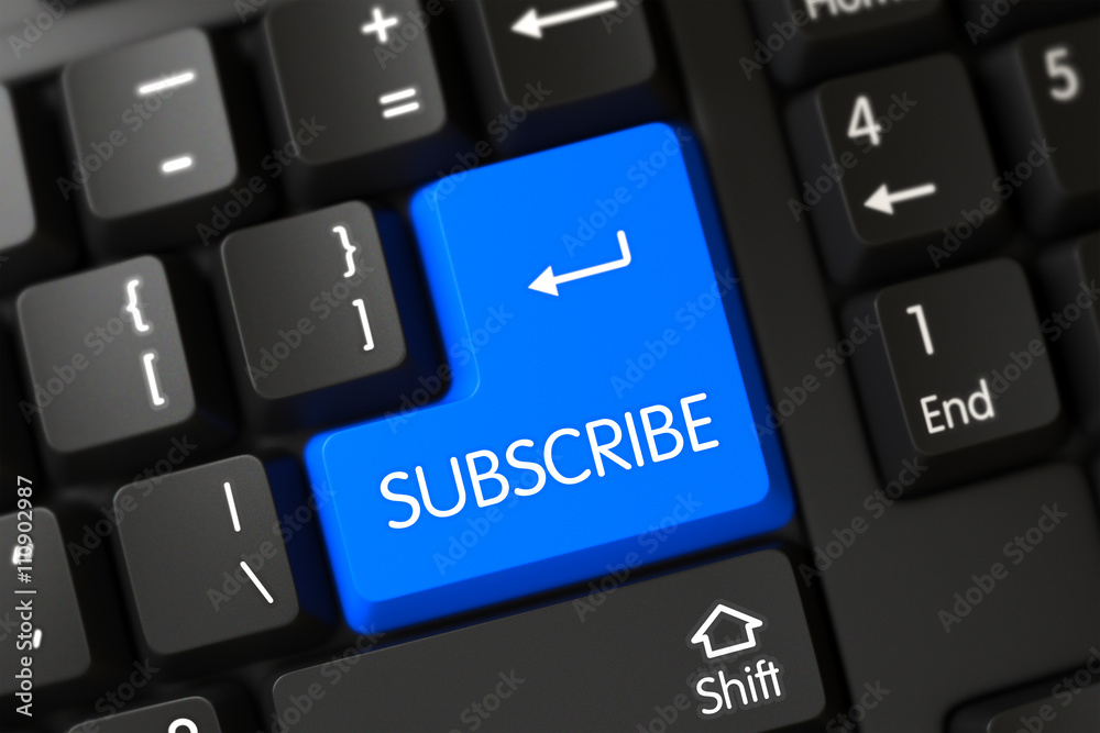 Computer Keyboard with the words Subscribe on Blue Button. Subscribe Button. Subscribe Close Up of PC Keyboard on a Modern Laptop. Subscribe Key on Modernized Keyboard. 3D. Computer Keyboard with the words Subscribe on Blue Button. Subscribe Button. Subscribe Close Up of PC Keyboard on a Modern Laptop. Subscribe Key on Modernized Keyboard. 3D.