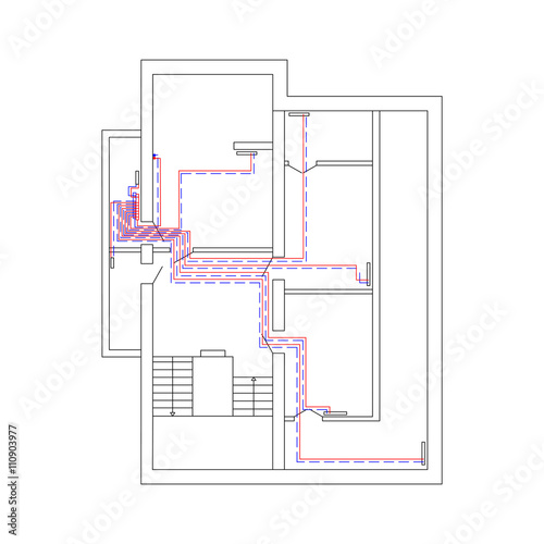 Plan of a house with a water heating system.