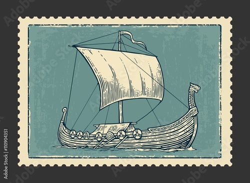 Drakkar floating on the sea waves