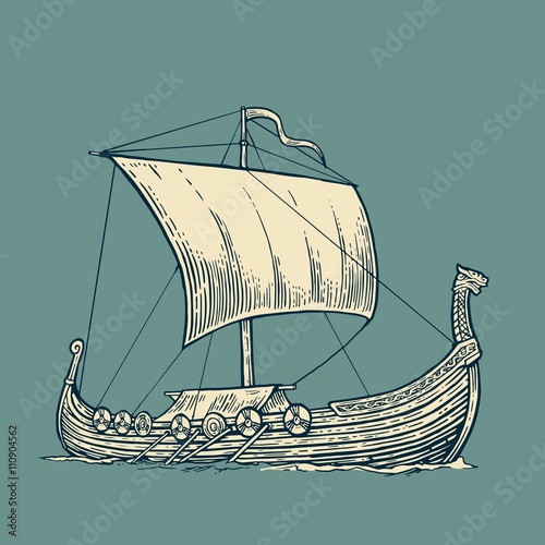 Drakkar floating on the sea waves.