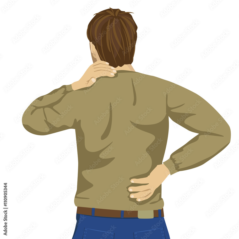Young man rubbing his painful back. Pain relief, chiropractic concept