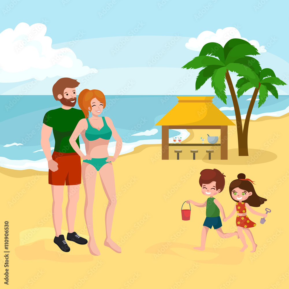 Fun at beach. Happy kids plaing sand around water Fun at beach. Happy kids plaing sand around water