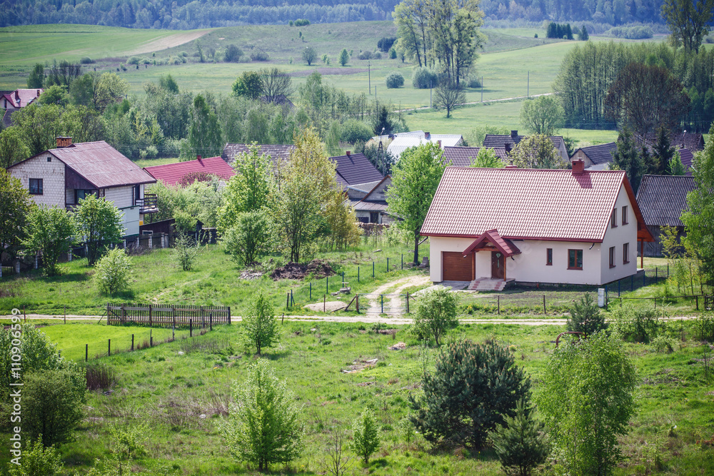 Rural village landscape background.