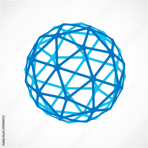 Blue faceted orb created from triangles, dimensional vector sphere