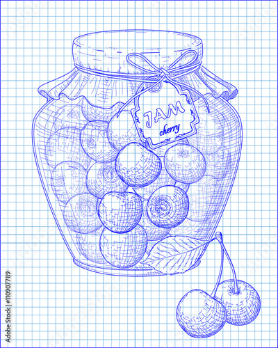 beautiful jar of homemade jam with cherry on a notebook backgrou