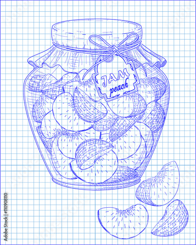 beautiful jar of homemade jam with peach on a notebook backgroun