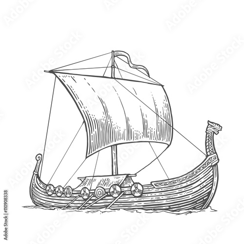Drakkar floating on the sea waves.