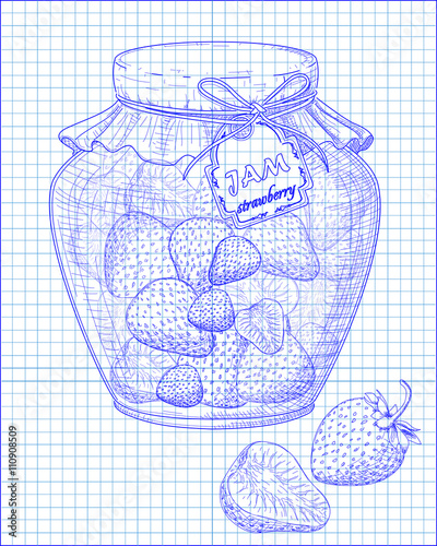 beautiful jar of homemade jam with strawberry on a notebook back