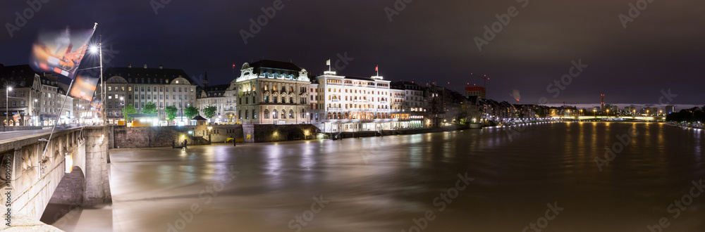 Panoramic view of Basel city center, the middle bridge (Mittlere Bruecke) and the Rhine river.