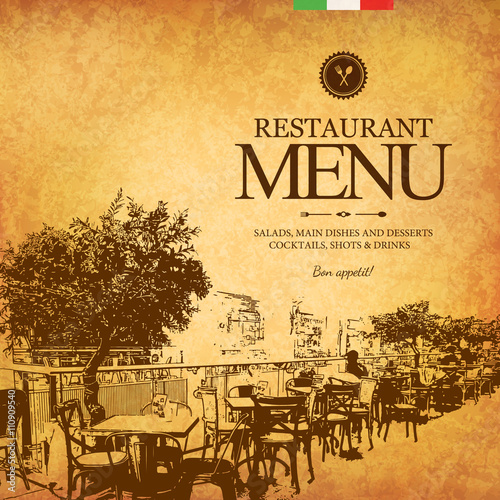 Restaurant menu design. Vector menu brochure template for cafe, coffee house, restaurant, bar. Food and drinks logotype symbol design. With a sketch pictures