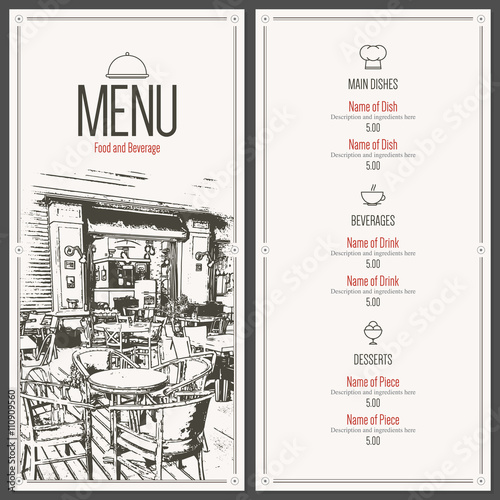 Restaurant menu design. Vector menu brochure template for cafe, coffee house, restaurant, bar. Food and drinks logotype symbol design. With a sketch pictures