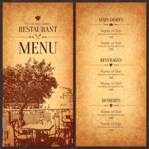 Restaurant menu design. Vector menu brochure template for cafe, coffee house, restaurant, bar. Food and drinks logotype symbol design. With a sketch pictures