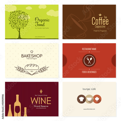 Business card set. 6 bright visiting cards. Food and drink theme. For cafe, coffee house, restaurant, bar