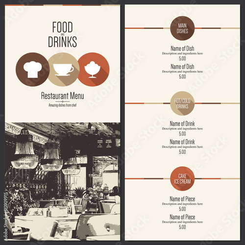 Restaurant menu design. Vector menu brochure template for cafe, coffee house, restaurant, bar. Food and drinks logotype symbol design. With a sketch pictures