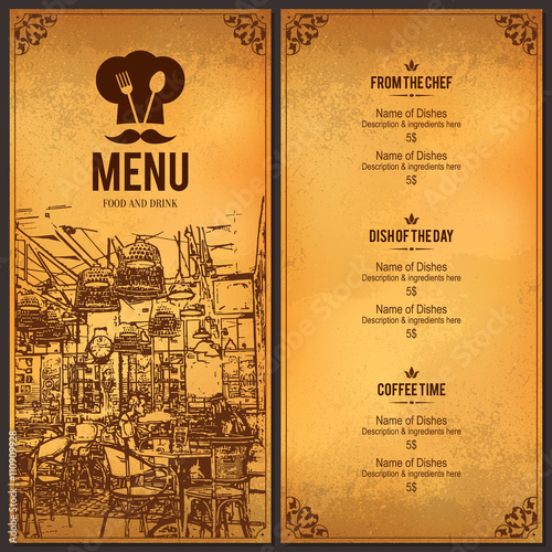 Restaurant menu design. Vector menu brochure template for cafe, coffee house, restaurant, bar. Food and drinks logotype symbol design. With a sketch pictures