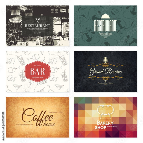 Business card set. 6 bright visiting cards. Food and drink theme. For cafe, coffee house, restaurant, bar