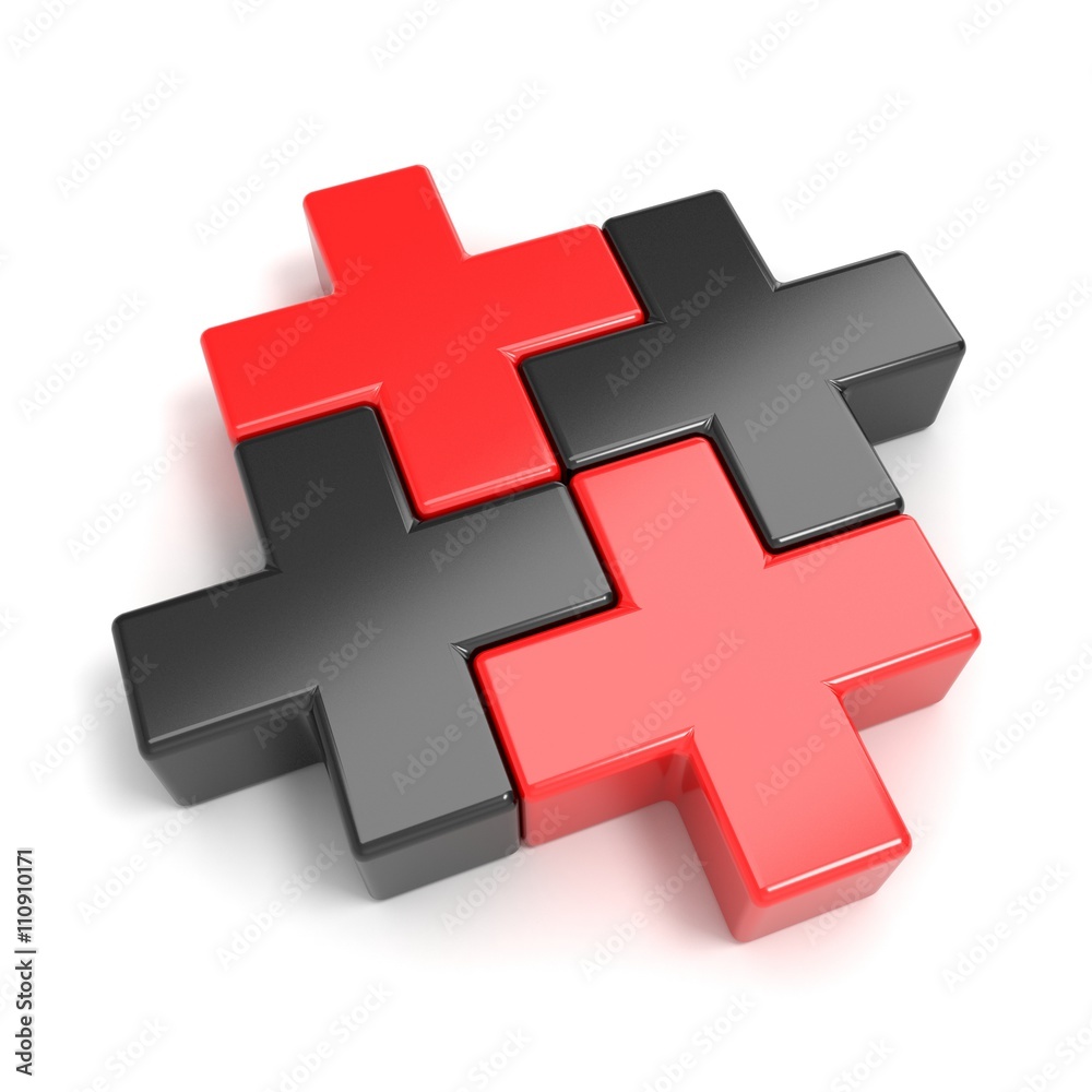 Black and red abstract plus jigsaw puzzle pieces. 3D render illustration  isolated on white background Stock Illustration | Adobe Stock