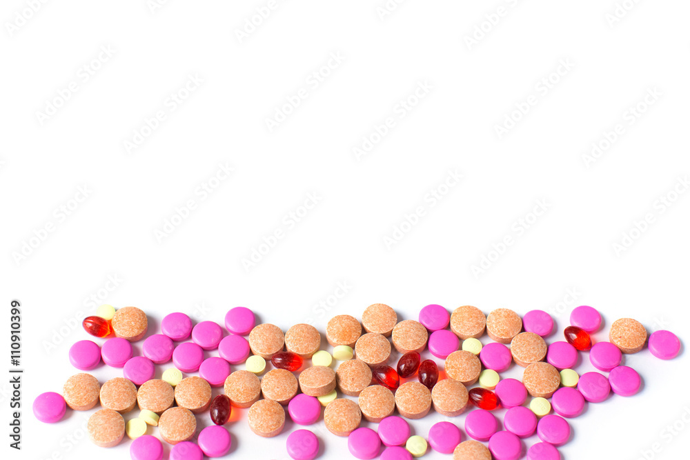 Lot of different medicine pills over white, isolated from background Lot of different medicine pills over white, isolated from background