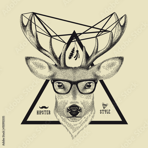 Hand drawn of a deer head in hipster style. Vector illustration of a hipster deer wearing spectacles