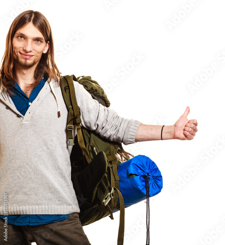 Man tourist hitchhiker with thumb up gesture.