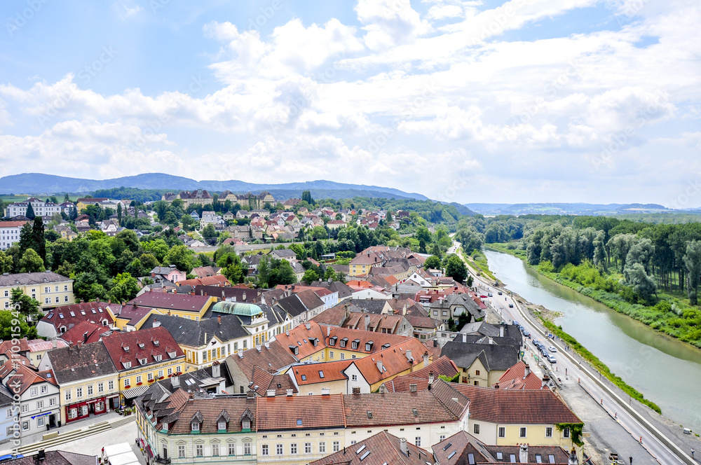View over the old town of Melk from Melk Abbey (Stift Melk). Melk is a town in Lower Austria, next to the Wachau valley along the Danube.