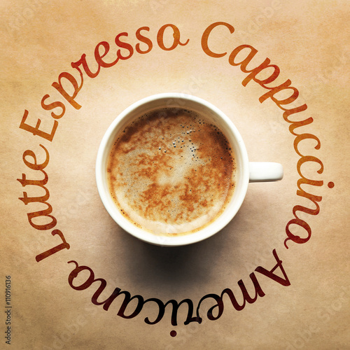 Writing words Espresso, Cappuccino, Americano, Latte around cup of coffee