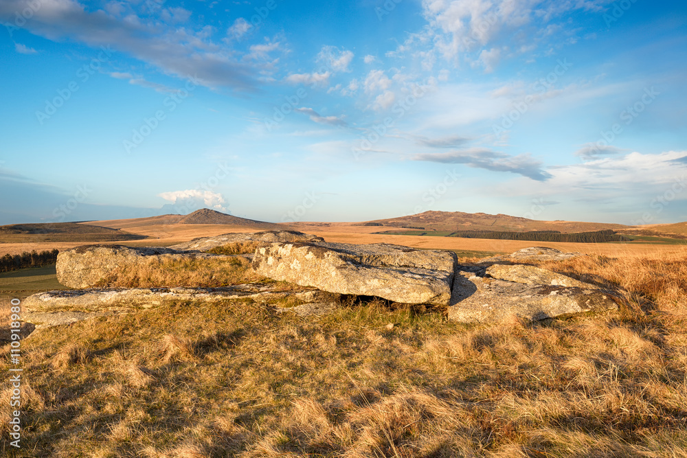 Looking out at the peaks of Roughtor and Brown Willy from Alex Tor near St Breward on Bodmin Moor in Cornwall