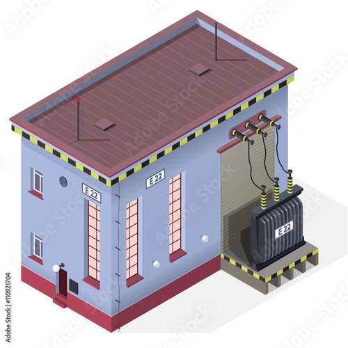 Electric transformer isometric building info graphic. High-voltage power station. Old plant architecture. Scientific illustration. Pictogram industrial electricity set. Flatten isolated master vector.