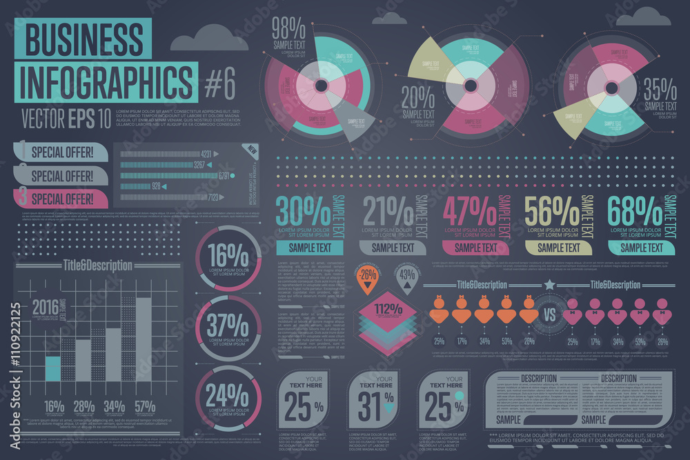 Business infographic elements. Charts, tables, graphs template. Data